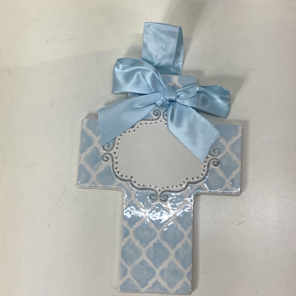 Sue Berk Blue Ceramic Cross with Ribbon